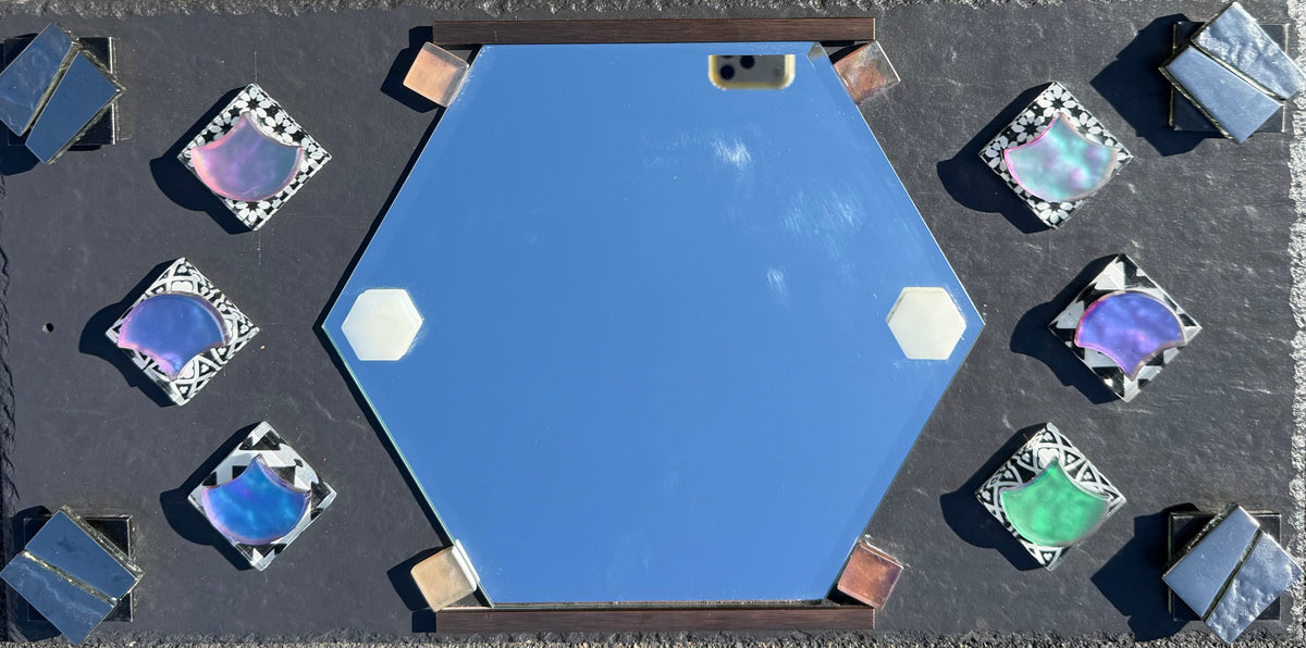 Handmade hexagonal mirror with colourful floating tile detailing by AjeenA Arts